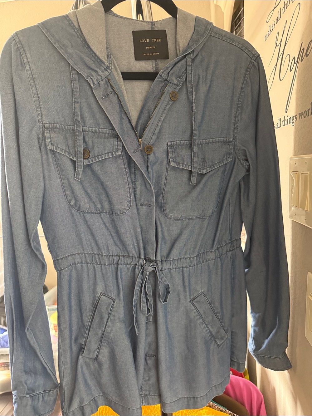 Love Tree Dusty Blue Hooded Drawstring Utility Jacket